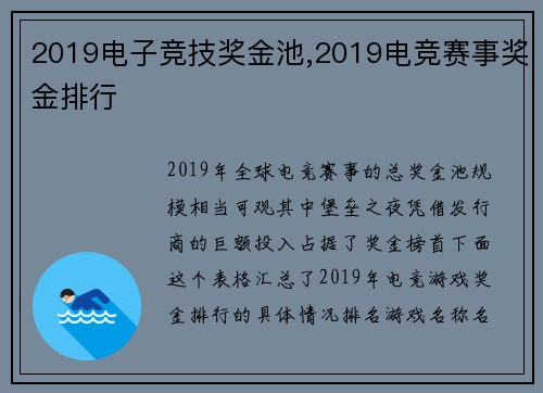 2019电子竞技奖金池,2019电竞赛事奖金排行